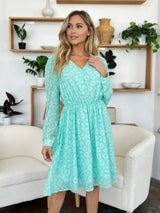 Double Take Full Size Printed Ruched V-Neck Long Sleeve Dress - Trendsi - Flyclothing LLC