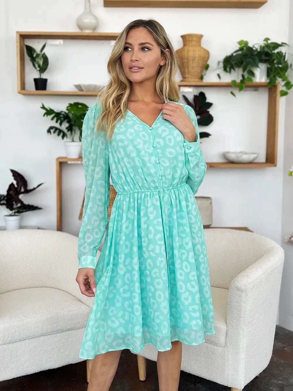 Double Take Full Size Printed Ruched V-Neck Long Sleeve Dress - Trendsi - Flyclothing LLC