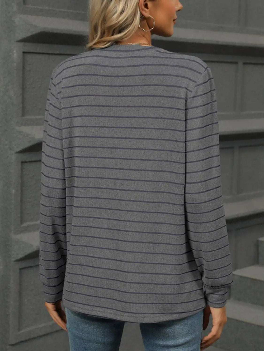 Striped Notched Long Sleeve T-Shirt - Trendsi - Flyclothing LLC