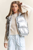 J.NNA Snap and Zipper Shiny Metallic Puffer Vest - Trendsi - Flyclothing LLC