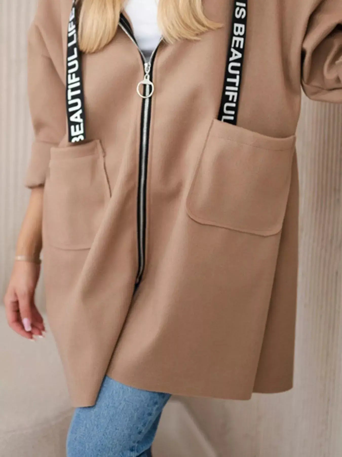 Full Size Hooded Zip-Up Longline Outerwear Plus Size - Trendsi - Flyclothing LLC