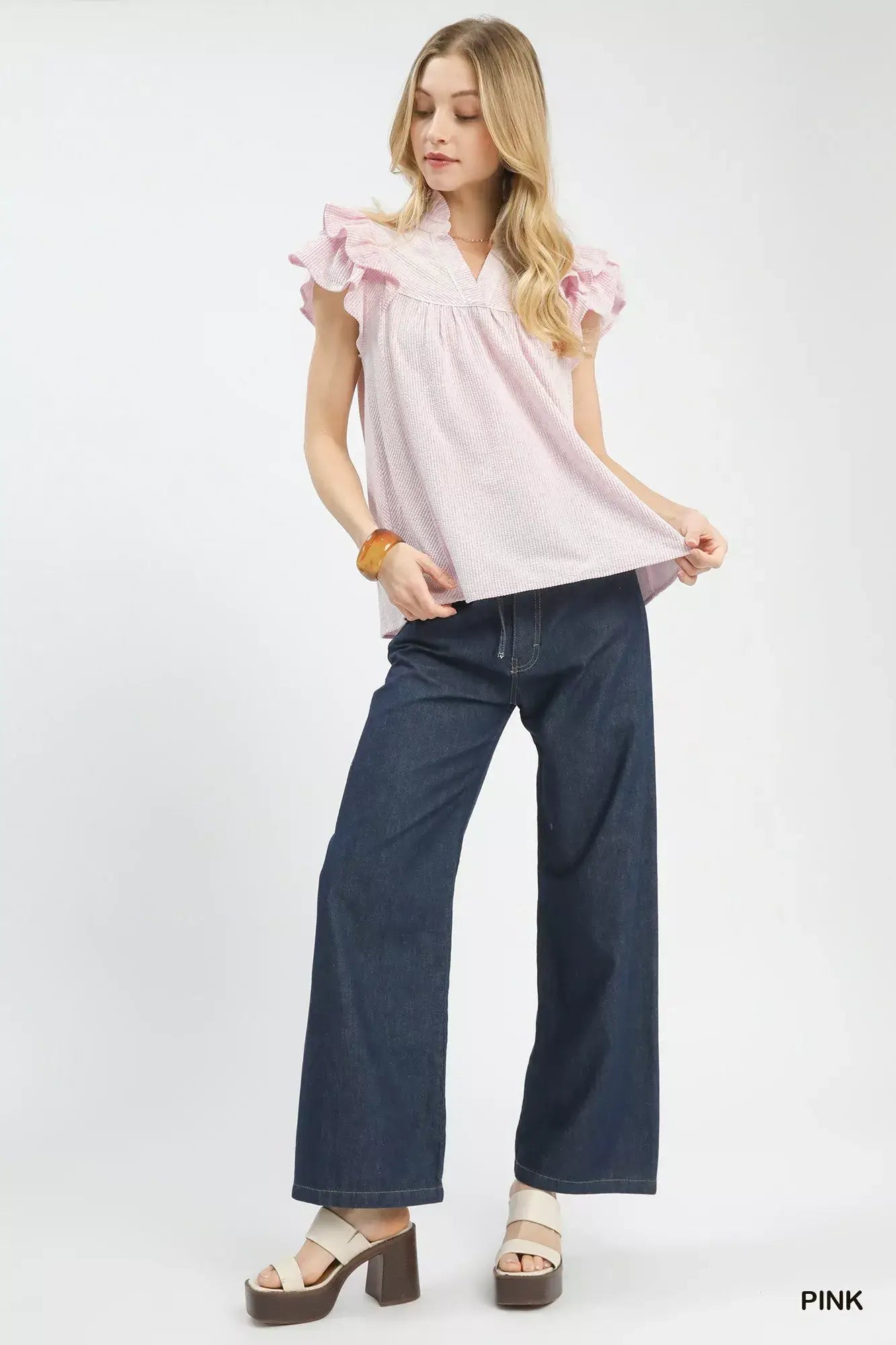 Umgee Ruffled Sleeve Textured Blouse - Trendsi - Flyclothing LLC