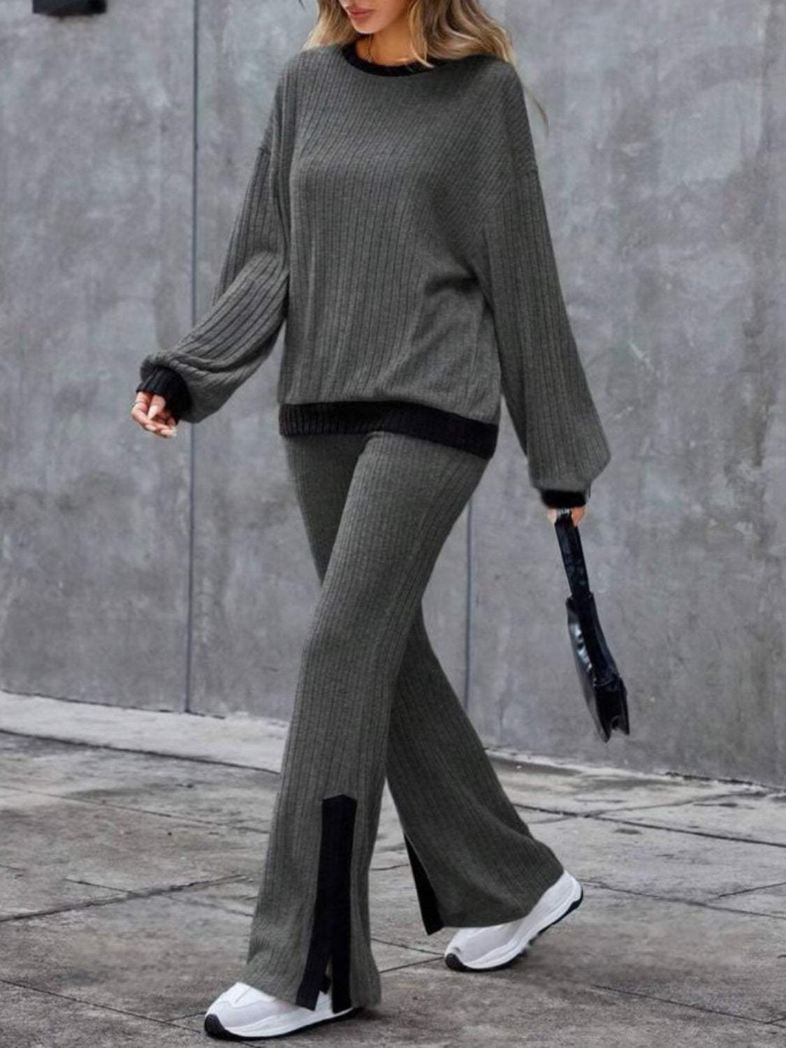 Contrast Round Neck Long Sleeve Top and Bootcut Pants Set - Trendsi - Flyclothing LLC