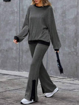 Contrast Round Neck Long Sleeve Top and Bootcut Pants Set - Trendsi - Flyclothing LLC