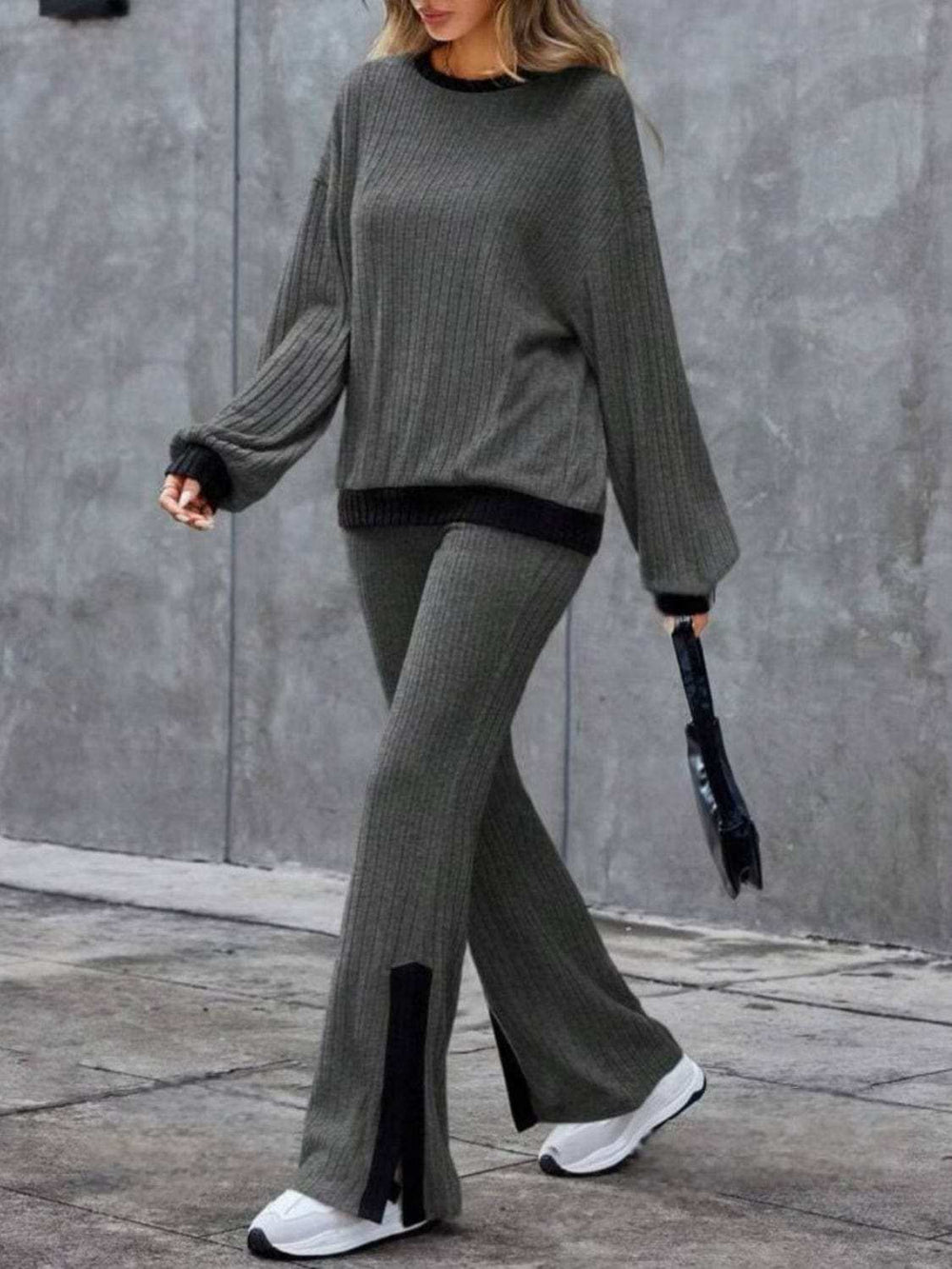 Contrast Round Neck Long Sleeve Top and Bootcut Pants Set - Trendsi - Flyclothing LLC