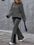 Contrast Round Neck Long Sleeve Top and Bootcut Pants Set - Trendsi - Flyclothing LLC