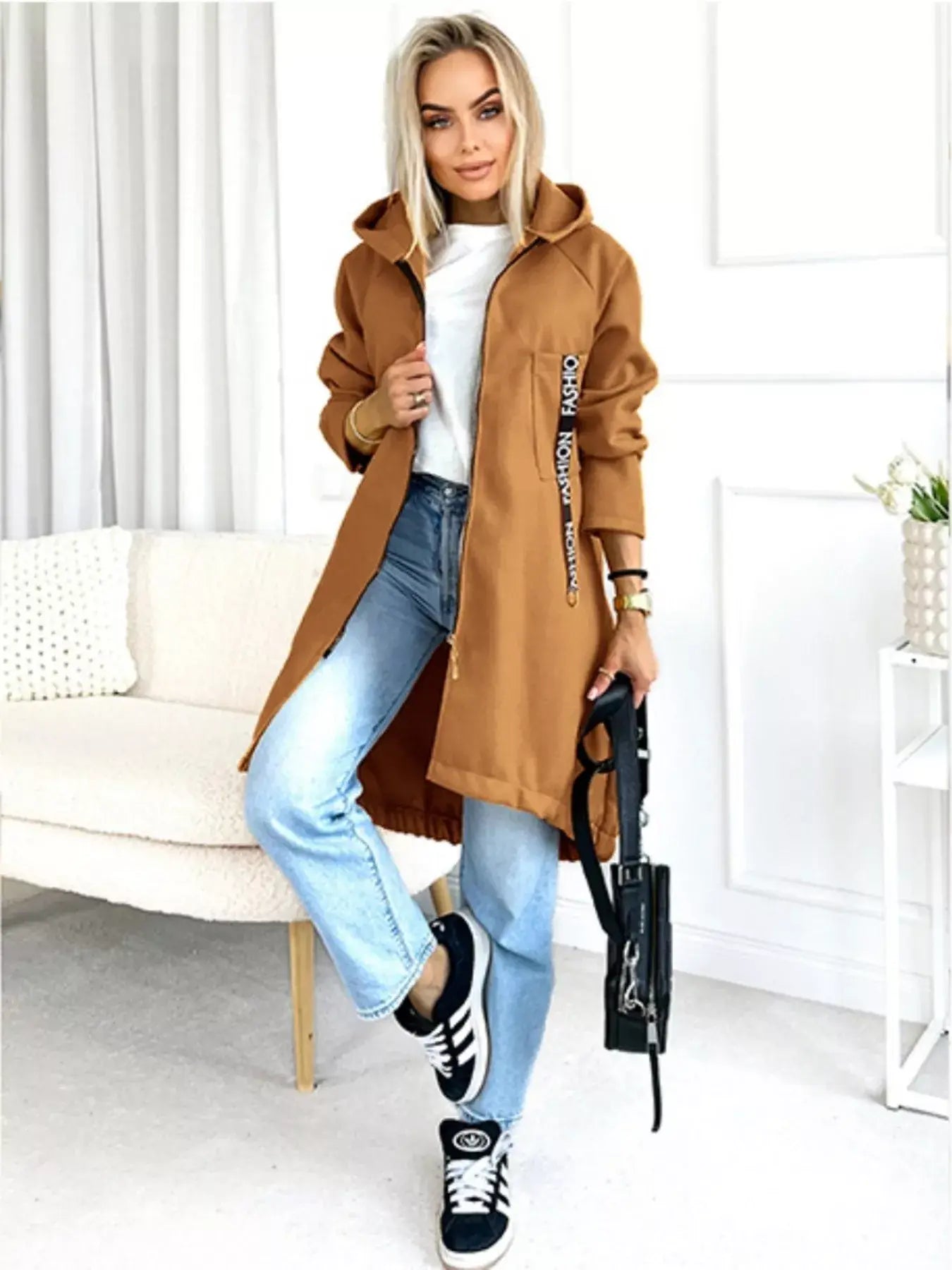 Full Size Zip Up Longline Hooded Outerwear Plus Size - Trendsi - Flyclothing LLC