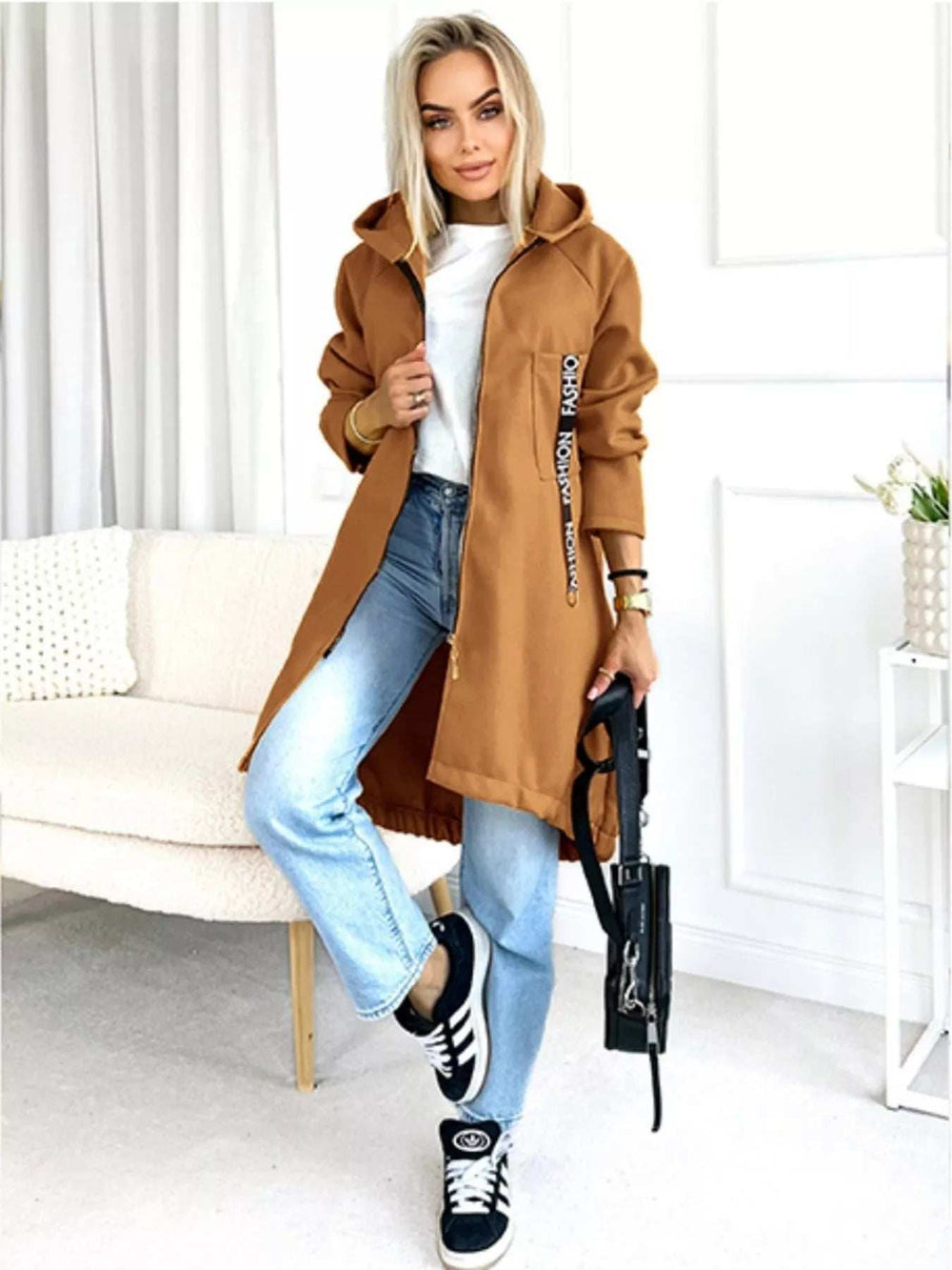 Full Size Zip Up Longline Hooded Outerwear Plus Size - Trendsi - Flyclothing LLC