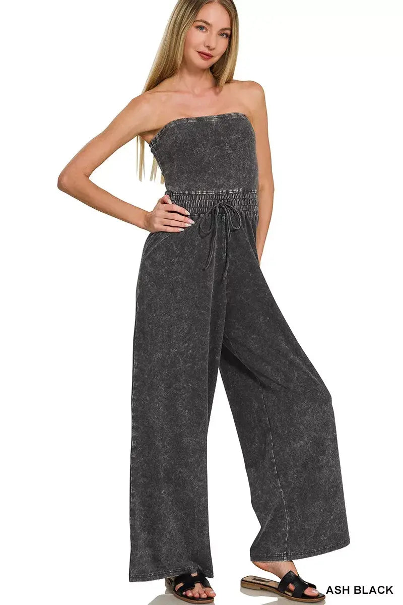 Zenana Acid Washed Strapless Tube Top Jumpsuit - Trendsi - Flyclothing LLC