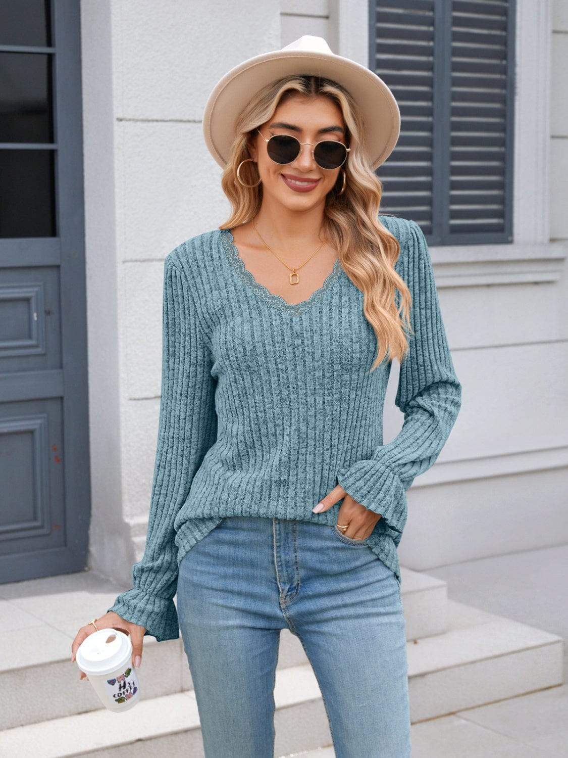 Lace Detail V-Neck Long Sleeve T-Shirt - Trendsi - Flyclothing LLC