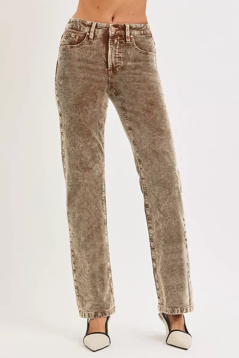 RISEN Tummy Control Mid Rise Straight Leg Corduroy Pants - Trendsi - Flyclothing LLC