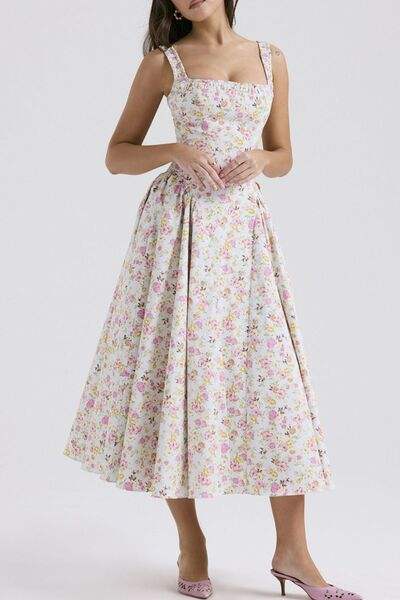 Floral Square Neck Wide Strap Midi Dress - Trendsi - Flyclothing LLC