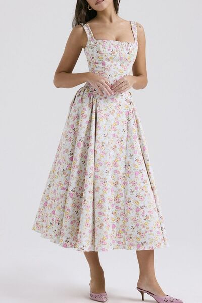 Floral Square Neck Wide Strap Midi Dress - Trendsi