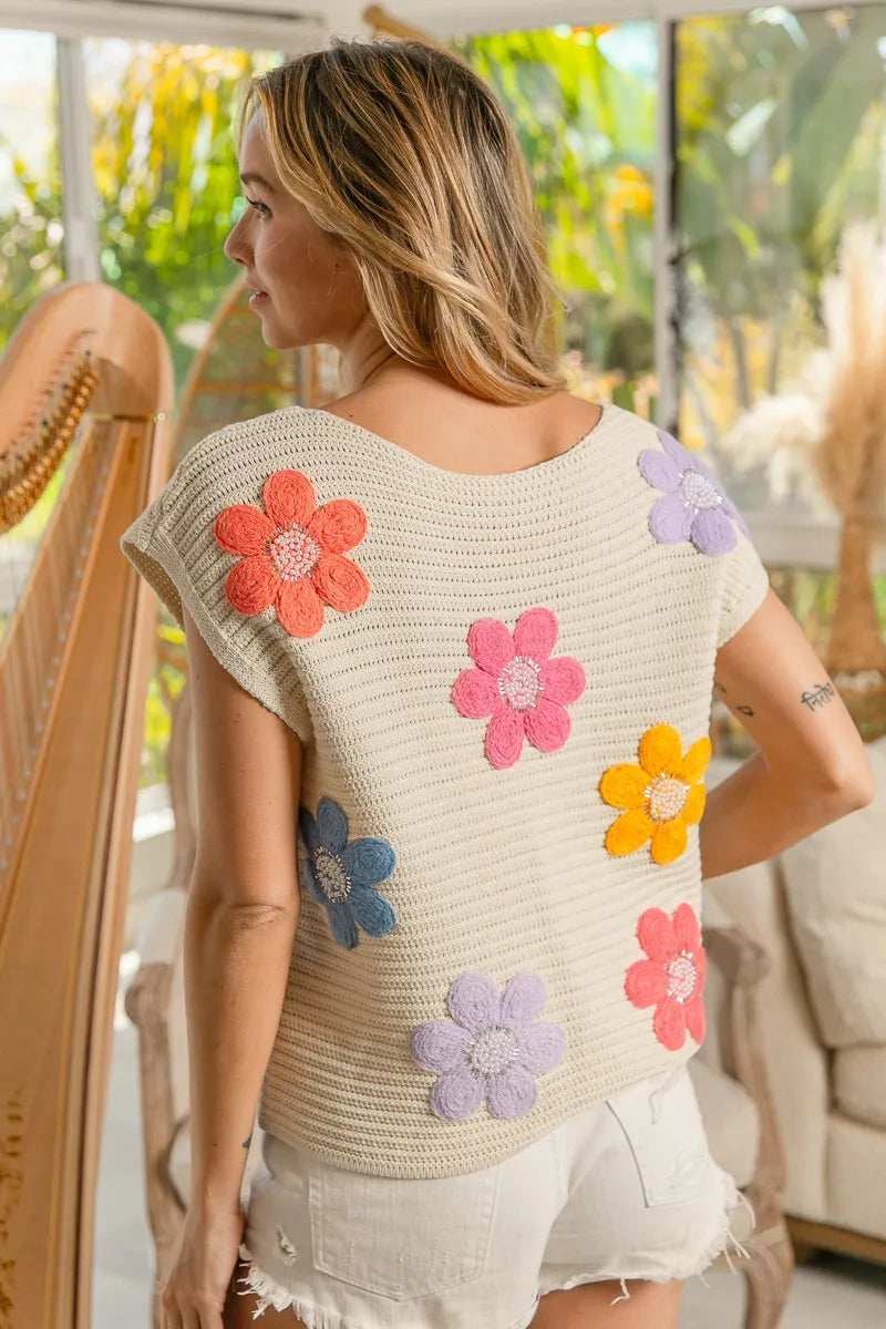 BiBi Multi Jeweled Crochet Flower Patch Sweater Vest - Trendsi - Flyclothing LLC