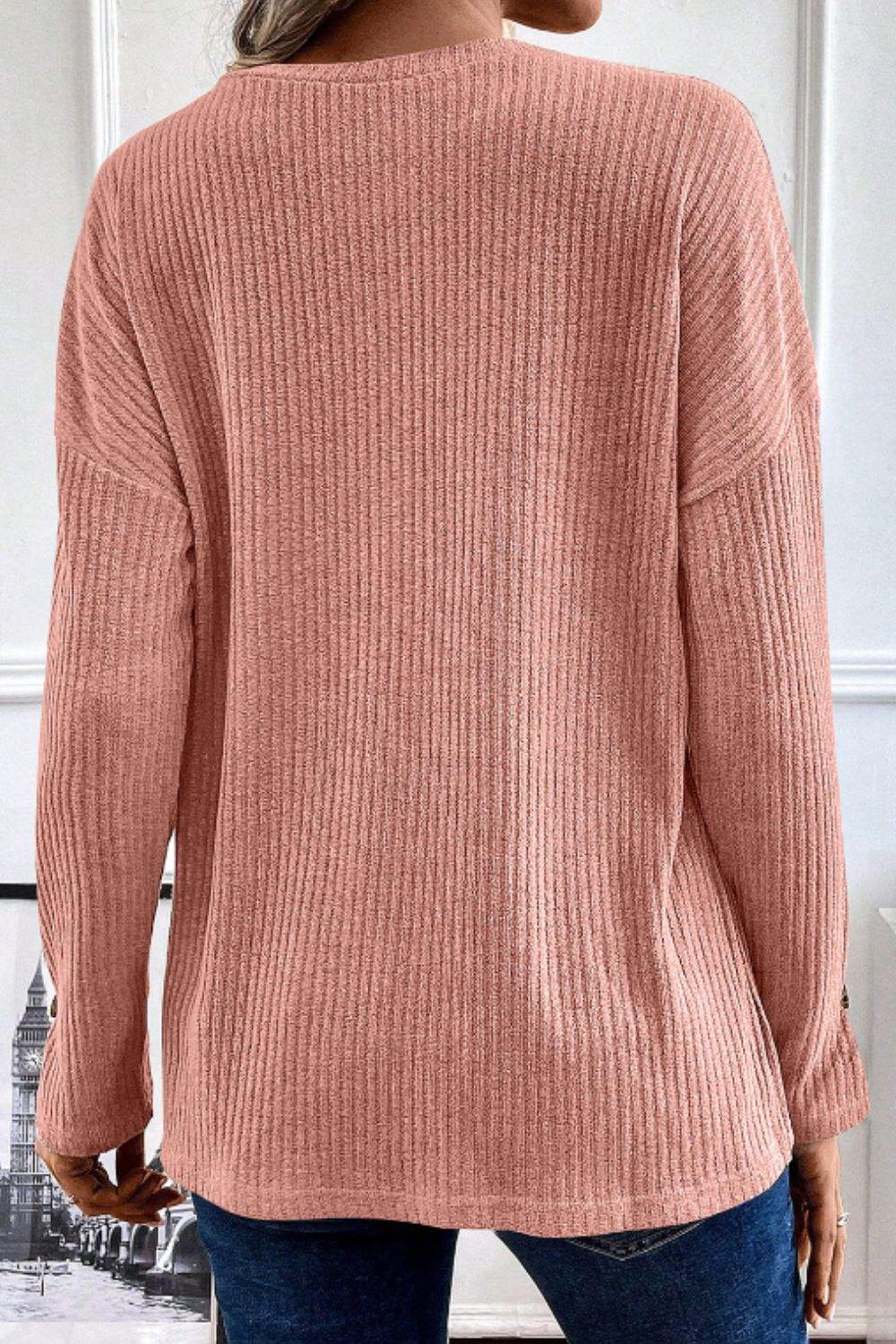 Quarter Button Round Neck Dropped Shoulder Knit Top - Trendsi - Flyclothing LLC