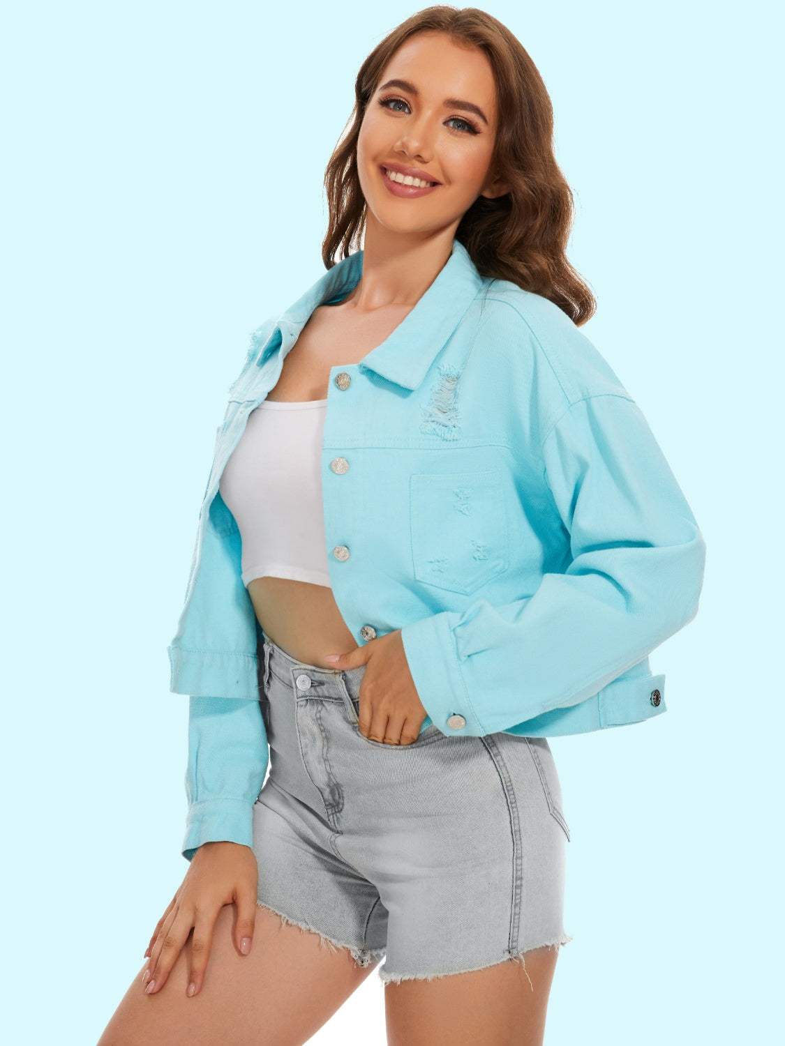 Distressed Distressed Button Up Denim Jacket - Trendsi - Flyclothing LLC