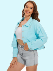Distressed Distressed Button Up Denim Jacket - Trendsi