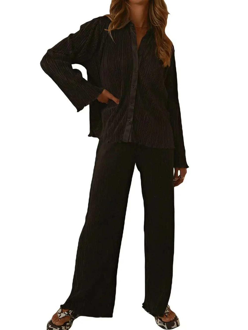 Collared Neck Long Sleeve Top and Pants Lounge Set - Trendsi - Flyclothing LLC