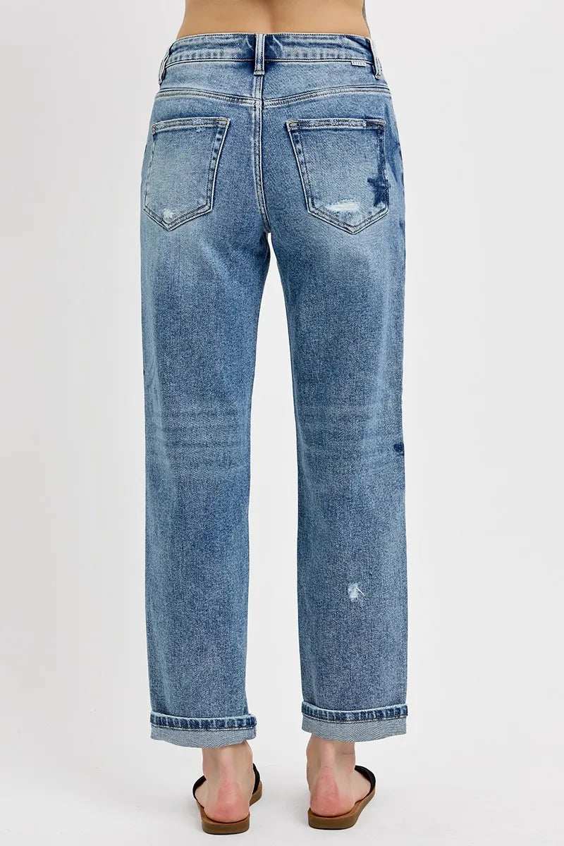 RISEN Full Size Mid Rise Boyfriend Star Shadow Detail Cuffed Jeans Plus Size - Trendsi - Flyclothing LLC