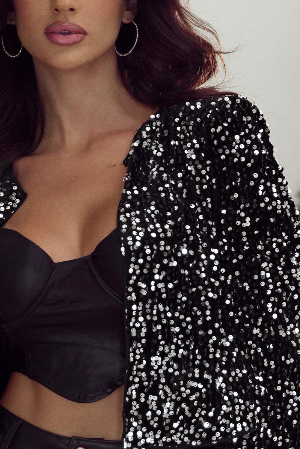 Sequin Open Front Long Sleeve Jacket - Trendsi - Flyclothing LLC