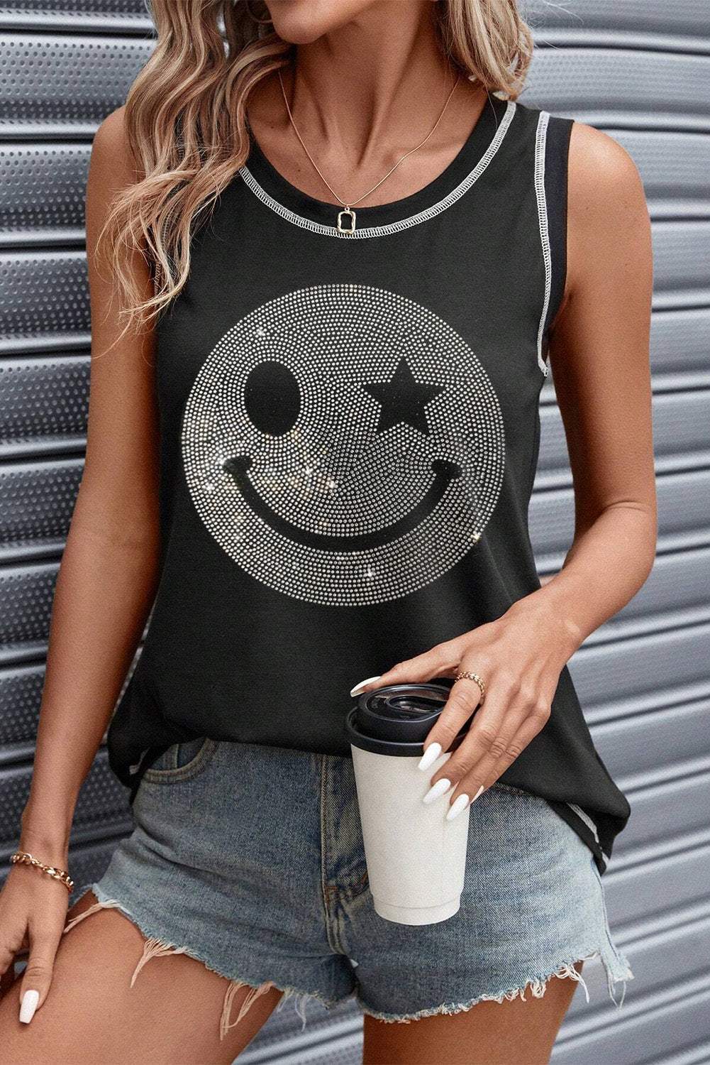 Rhinestone Smile Face Round Neck Tank - Trendsi - Flyclothing LLC