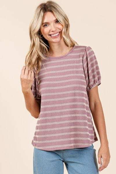 Mittoshop Contrast Striped Short Puff Sleeve Knit Top - Trendsi - Flyclothing LLC