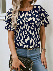 Ruffled Printed Round Neck Short Sleeve Blouse - Trendsi