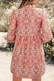 Printed Tie Neck Long Sleeve Mini Dress - Trendsi