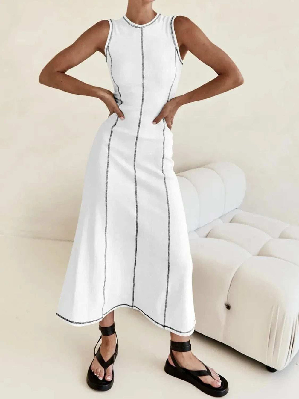 Contrast Stitching Round Neck Sleeveless Midi Dress - Trendsi - Flyclothing LLC