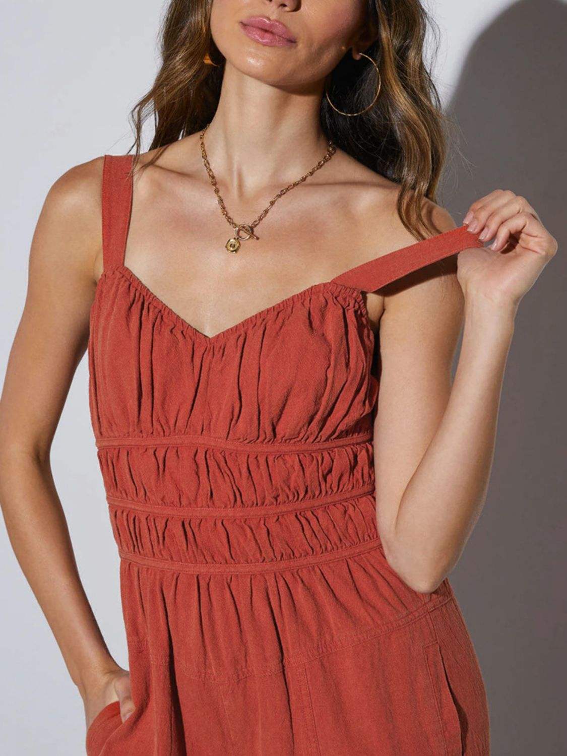 Ruched Wide Strap Jumpsuit with Pockets - Trendsi - Flyclothing LLC