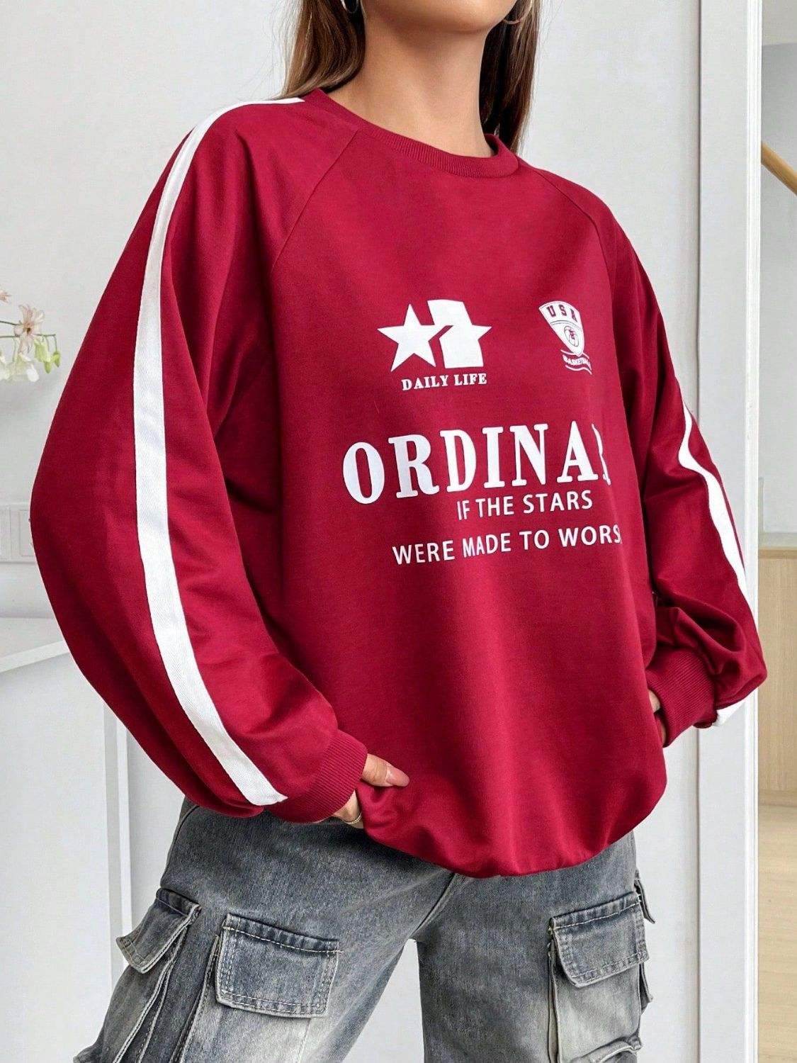Letter Graphic Round Neck Long Sleeve Sweatshirt - Trendsi - Flyclothing LLC