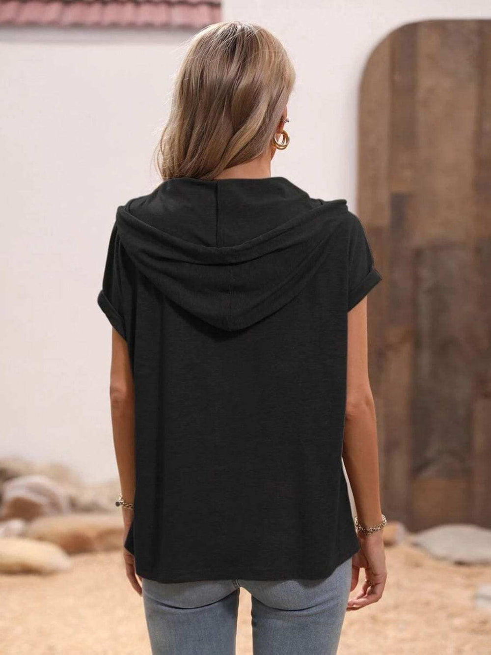 Half Button Hooded Short Sleeve Blouse - Trendsi - Flyclothing LLC