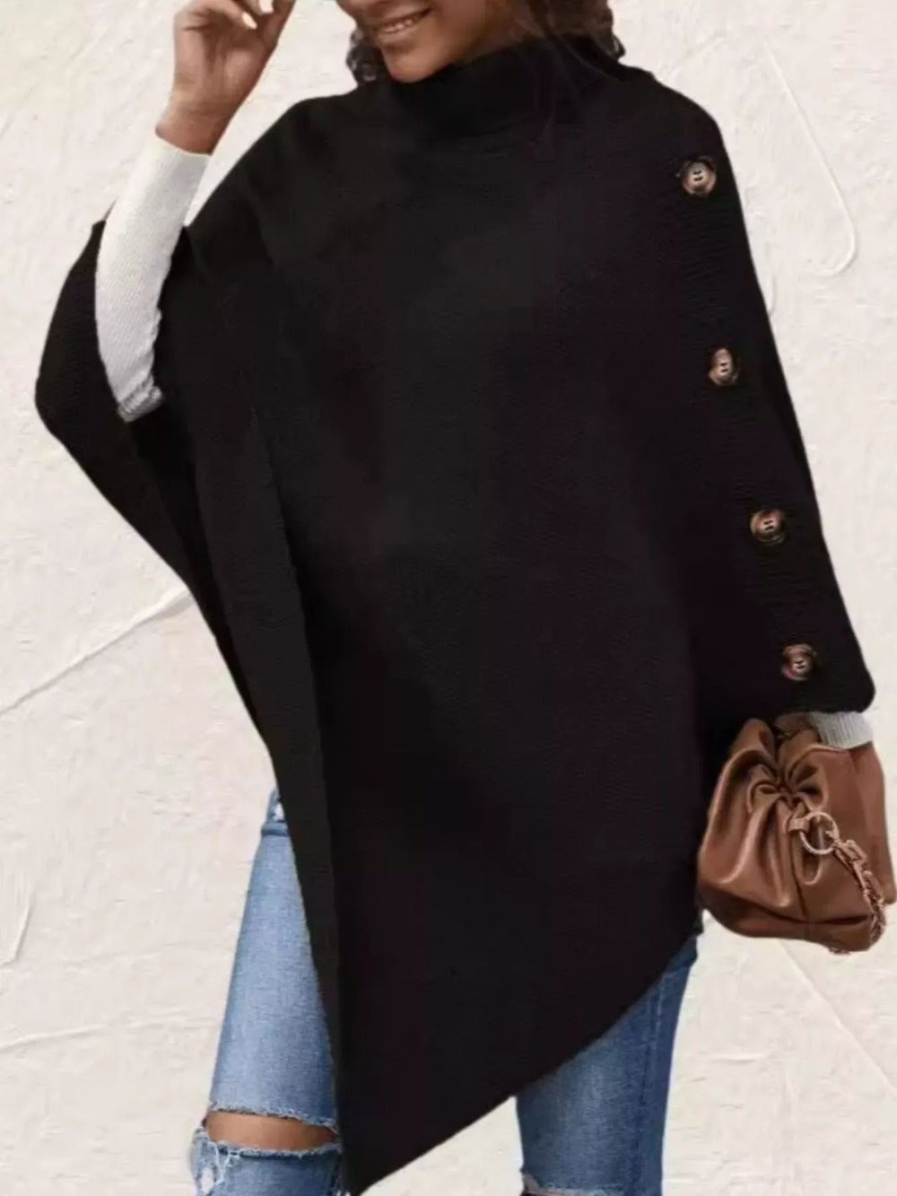 Button-Decor Turtleneck Poncho Pullover - Trendsi - Flyclothing LLC