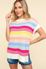 Haptics Striped Side Slit Short Sleeve Knit Top - Trendsi