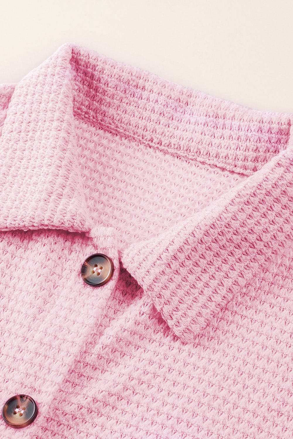 Waffle-Knit Collared Neck Long Sleeve Shirt - Trendsi - Flyclothing LLC