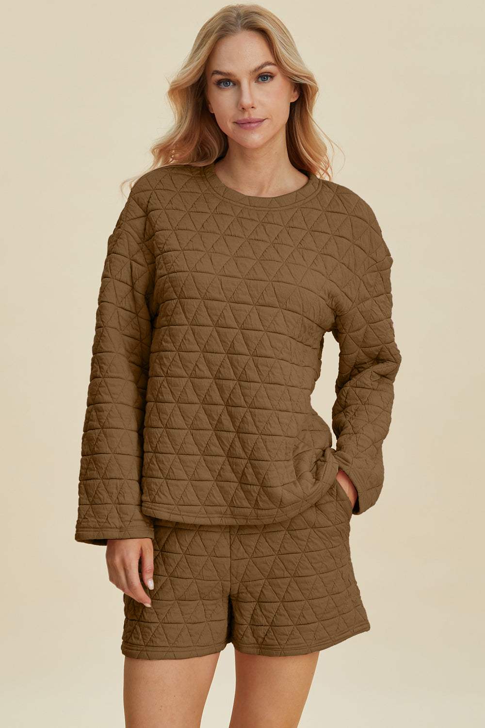 Double Take Full Size Texture Round Neck Long Sleeve Top and Shorts Set - Trendsi - Flyclothing LLC