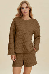 Double Take Full Size Texture Round Neck Long Sleeve Top and Shorts Set - Trendsi - Flyclothing LLC