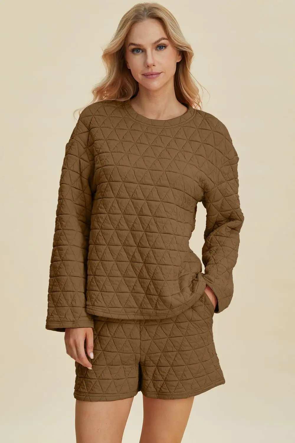Double Take Full Size Texture Round Neck Long Sleeve Top and Shorts Set - Trendsi - Flyclothing LLC