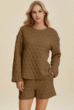 Double Take Full Size Texture Round Neck Long Sleeve Top and Shorts Set - Trendsi - Flyclothing LLC