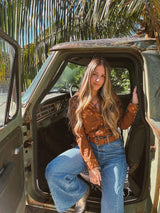 John Wayne Western Pearl Snap Button Up Top In Brown - Lil Bee's Bohemian - Flyclothing LLC