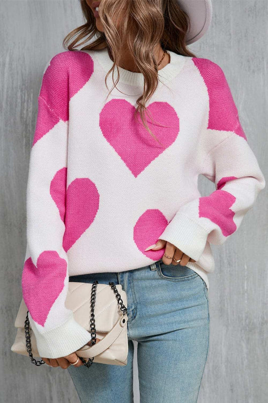 Angel Wings Contrast Heart Dropped Shoulder Long Sleeve Sweater - Trendsi - Flyclothing LLC