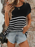 Striped Round Neck Short Sleeve Knit Top - Trendsi - Flyclothing LLC