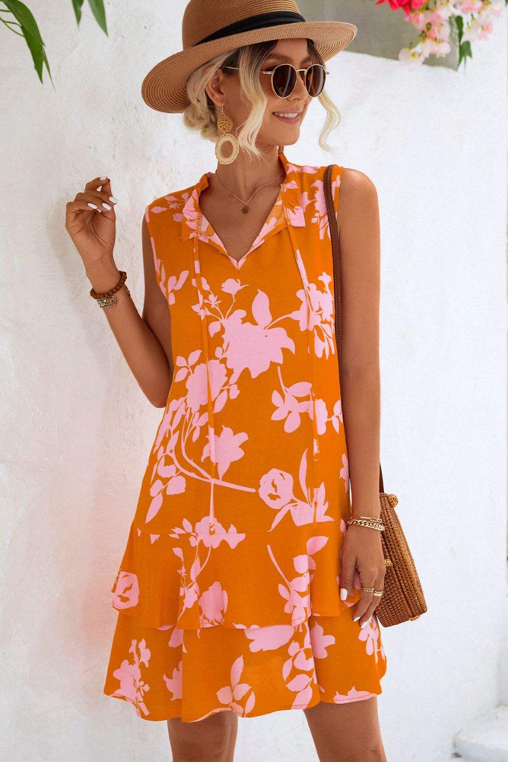 Printed Tie Neck Sleeveless Dress - Trendsi - Flyclothing LLC