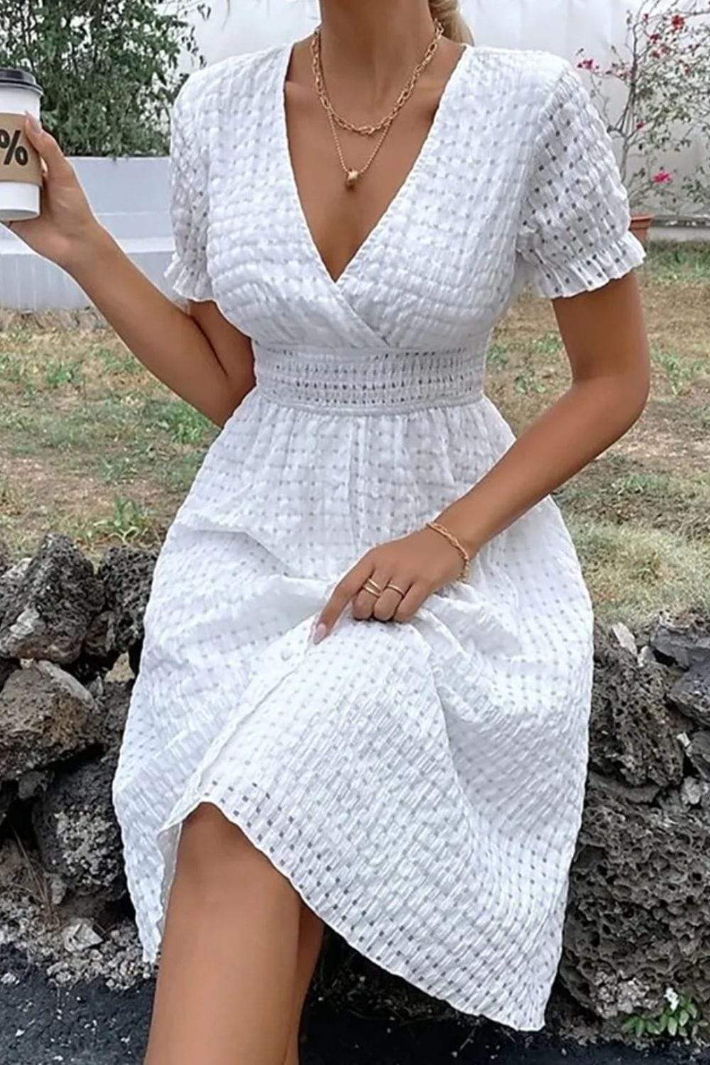 Textured Surplice Short Sleeve Dress - Trendsi - Flyclothing LLC