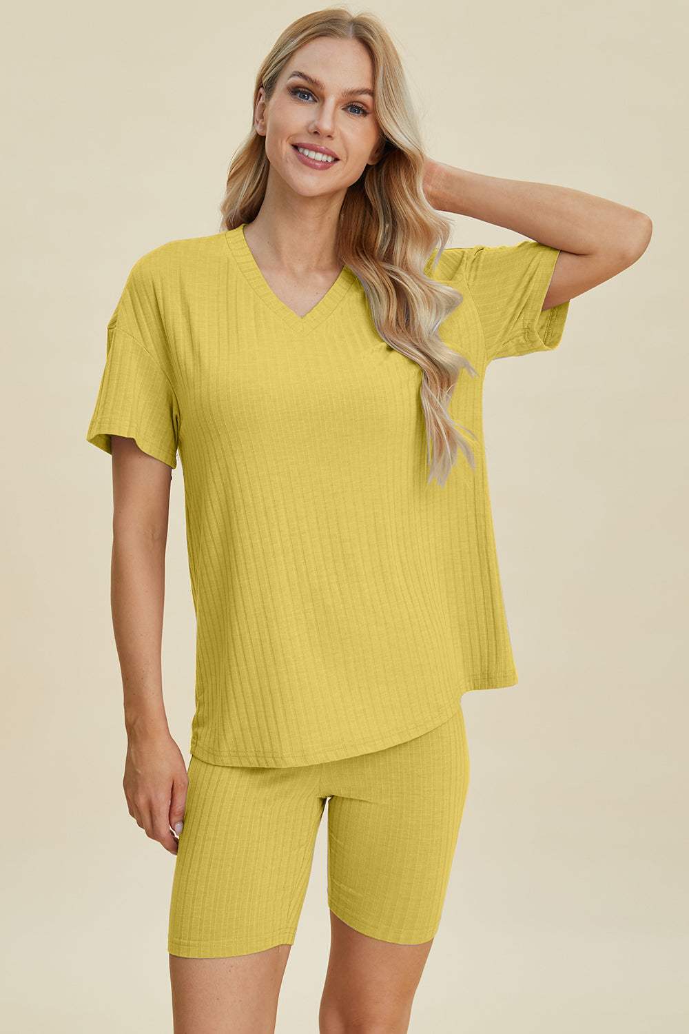 Basic Bae Full Size Ribbed V-Neck Short Sleeve Top and Shorts Set - Trendsi - Flyclothing LLC