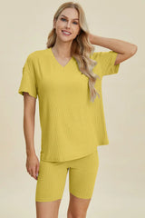 Basic Bae Full Size Ribbed V-Neck Short Sleeve Top and Shorts Set - ShopBasicbae - Flyclothing LLC
