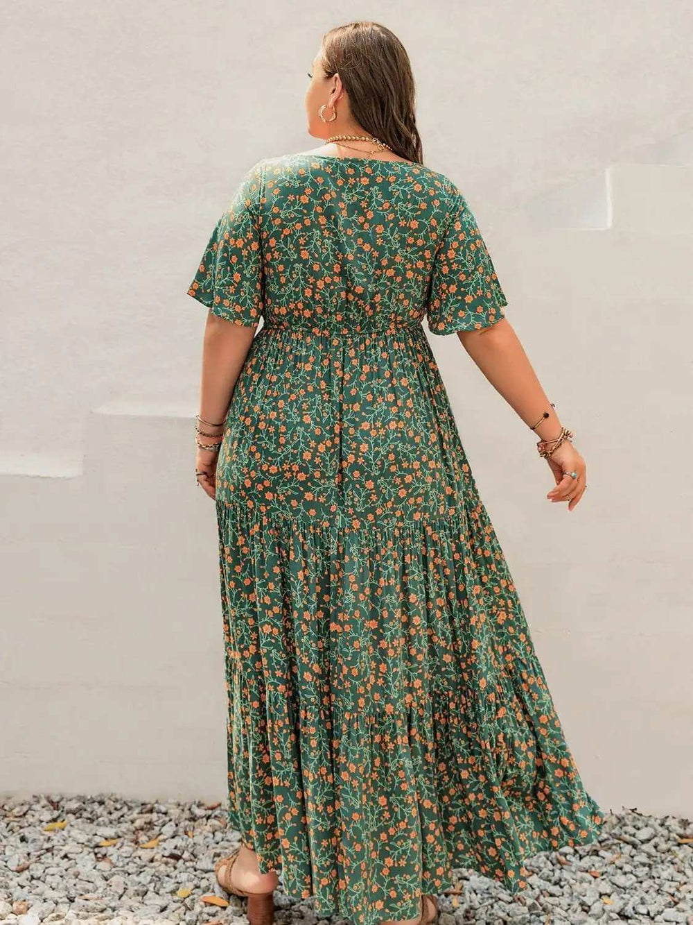 Plus Size Printed Short Sleeve Tiered Maxi Dress - Trendsi - Flyclothing LLC