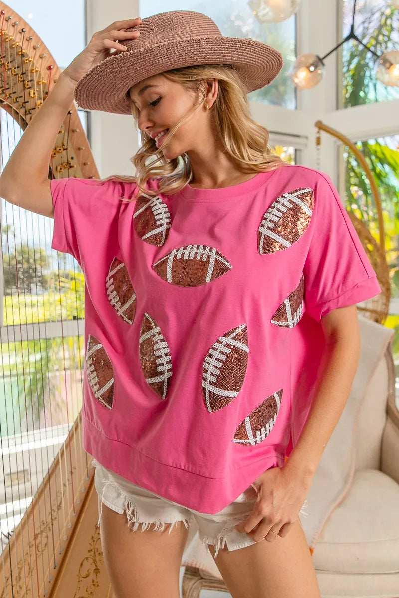 BiBi Game Day Sequins Patched Half Sleeves Top - Trendsi - Flyclothing LLC