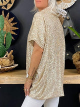Full Size Sequin V-Neck Short Sleeve Top - Trendsi - Flyclothing LLC