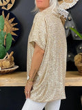 Full Size Sequin V-Neck Short Sleeve Top - Trendsi